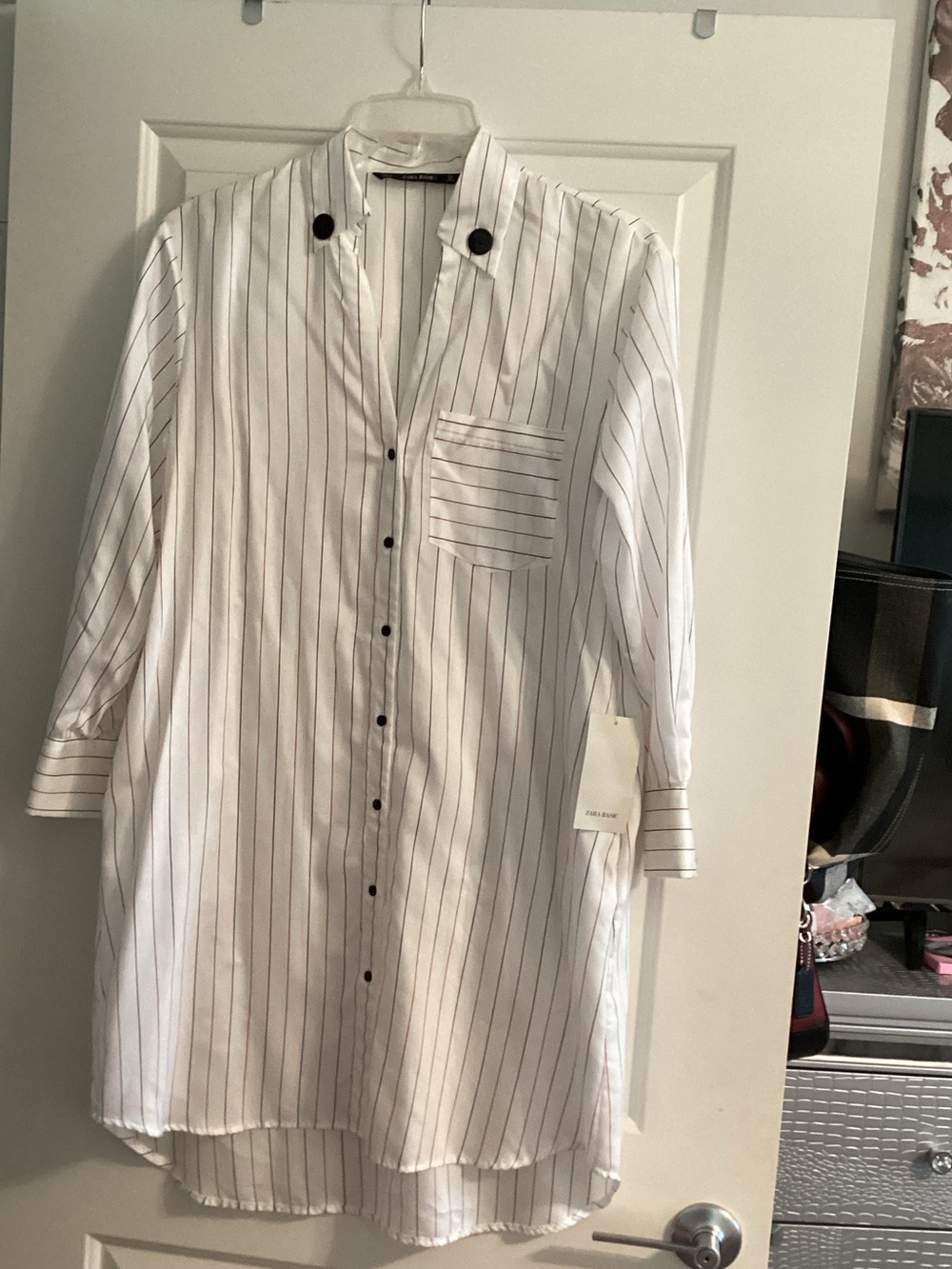 Zara White Pinstripe Longline Shirt Dress with Black Buttons